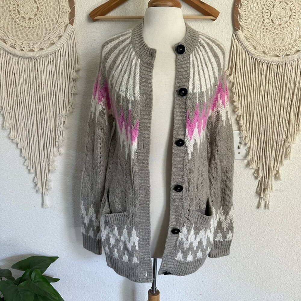 Abercrombie & Fitch gray and pink fair isle oversized cardigan XS chunky